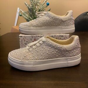 Women's White Pearl Embellished Sneakers